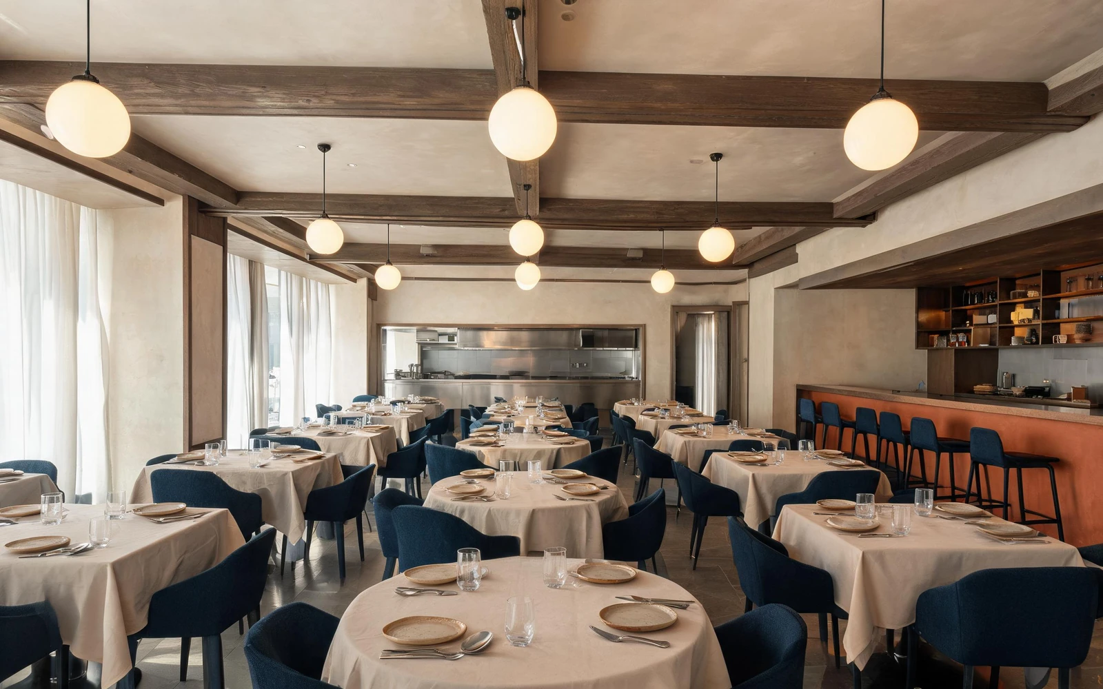 Warm dining room prepared for evening service