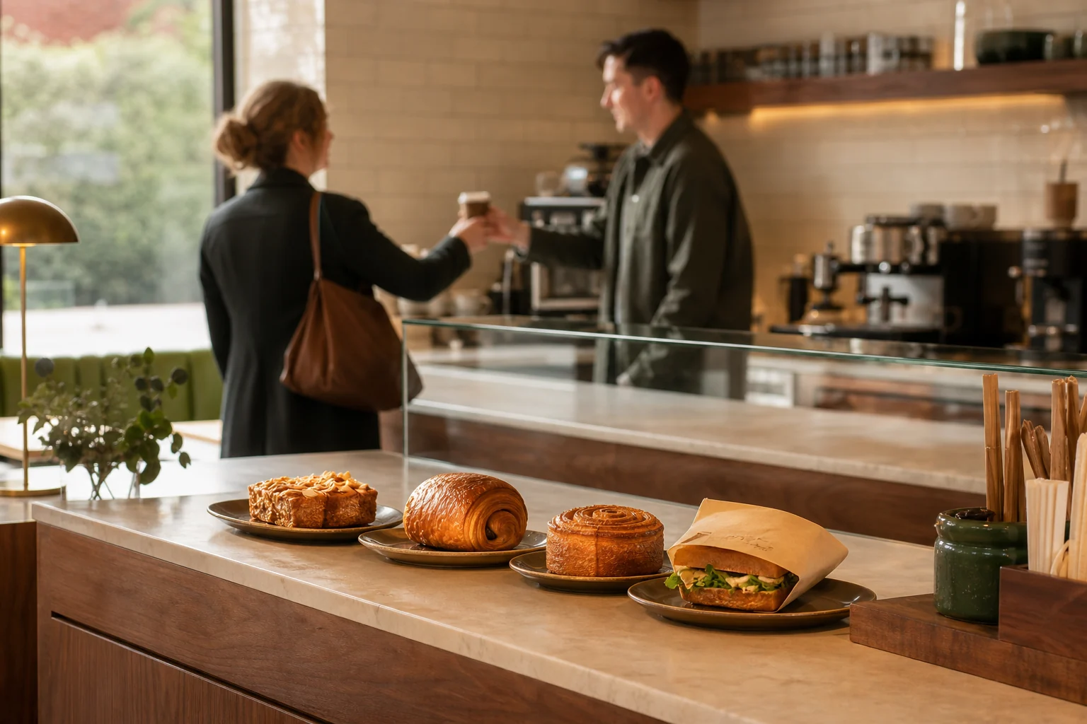 Pastries and savoury food at the coffee shop counter