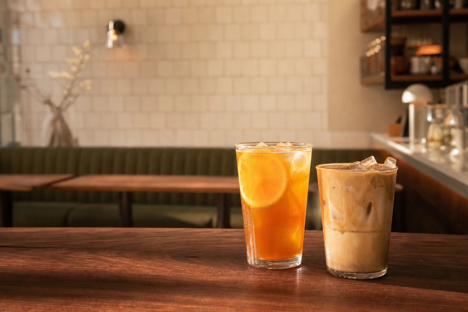 Two signature iced drinks on the coffee shop counter