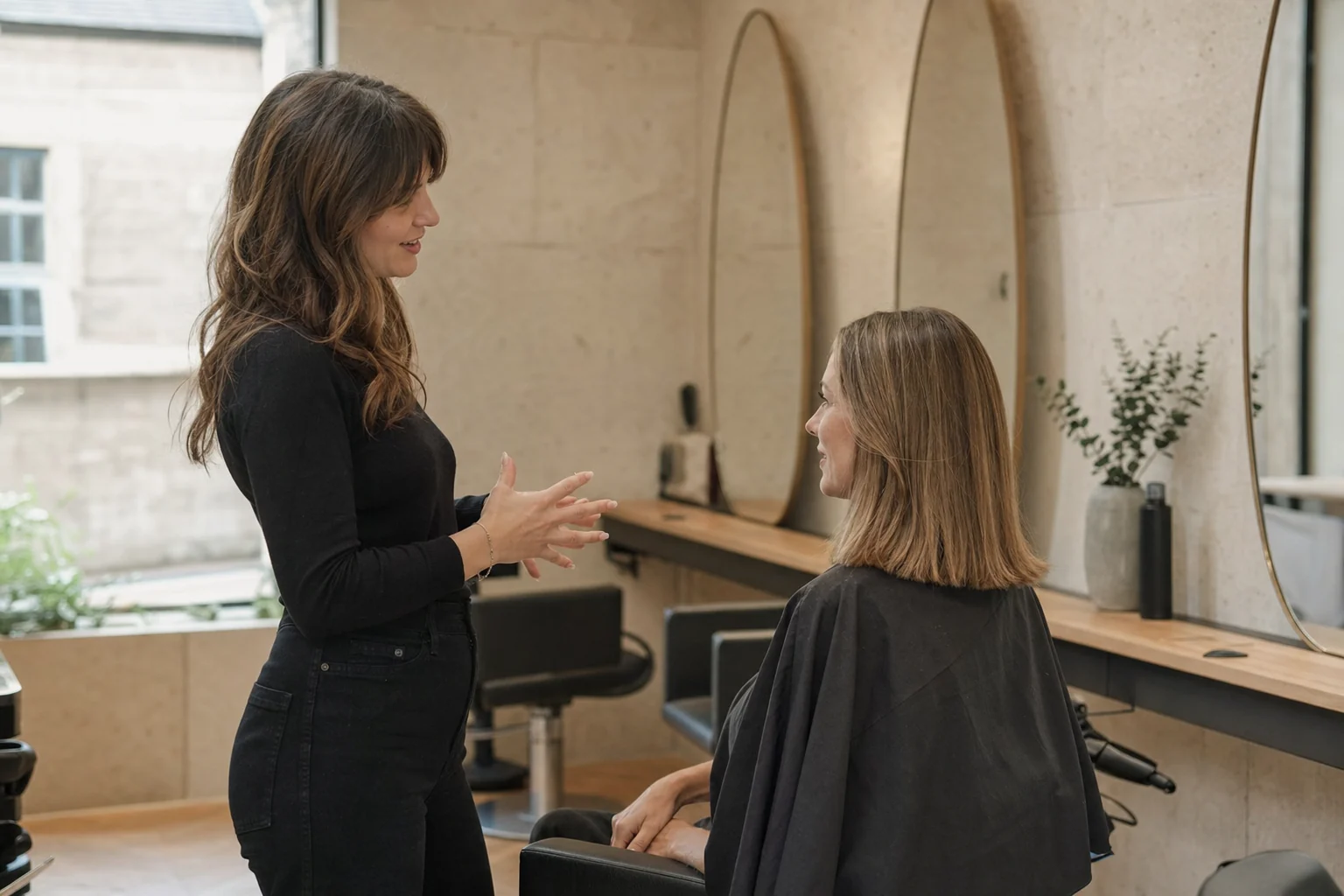 Hair stylist discussing a cut with a client