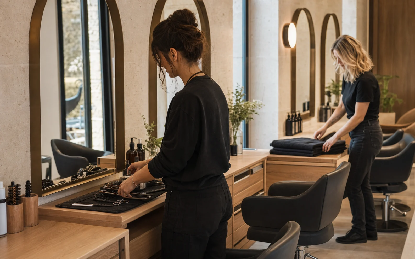 Two stylists preparing the studio before opening
