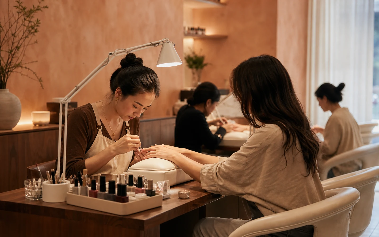 Nail technician providing a manicure in an active beauty studio