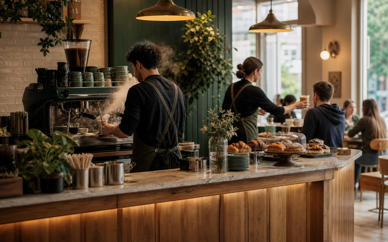 Baristas preparing drinks behind the counter of a busy independent coffee shop