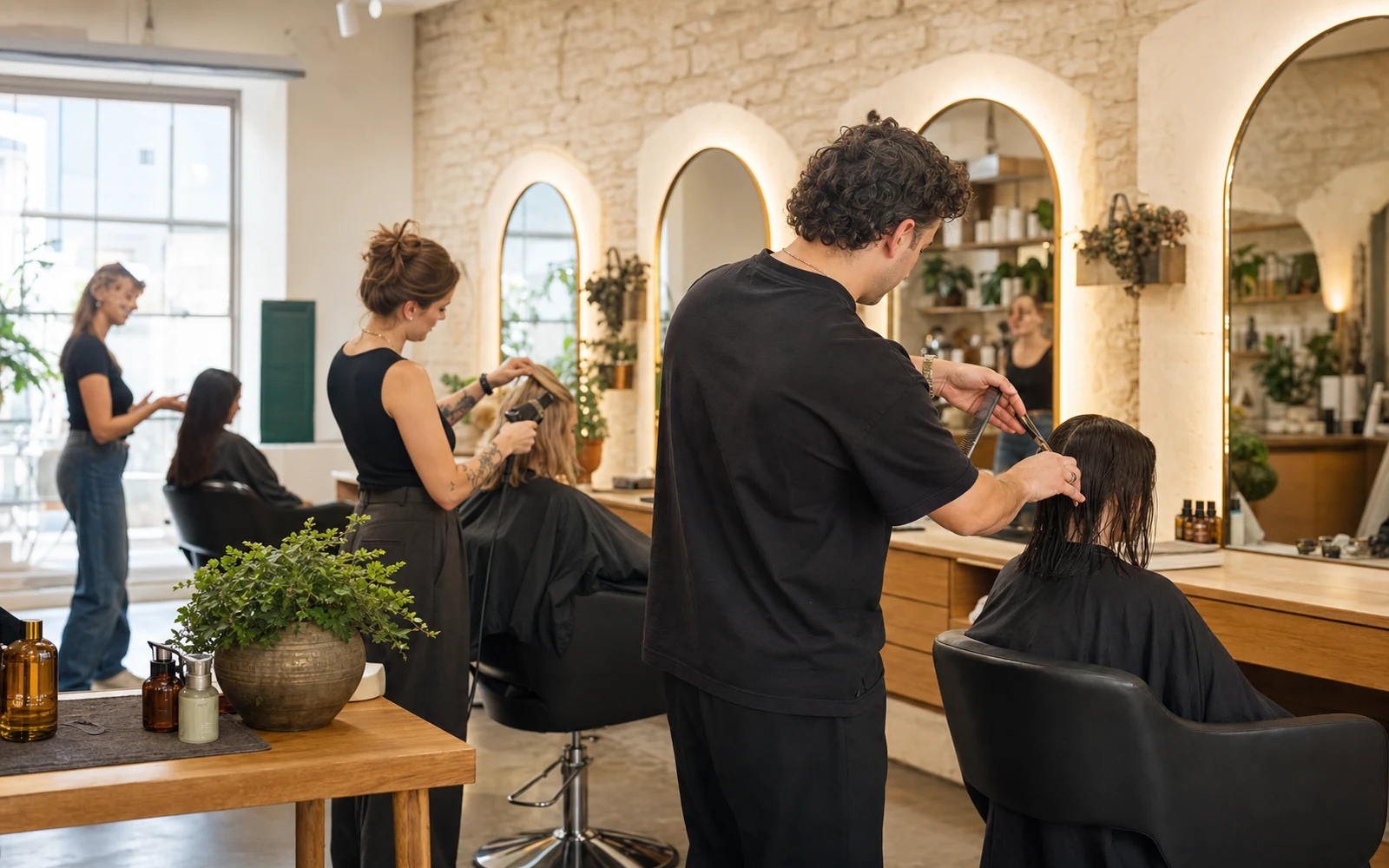 Hair stylists working with clients in a bright independent salon