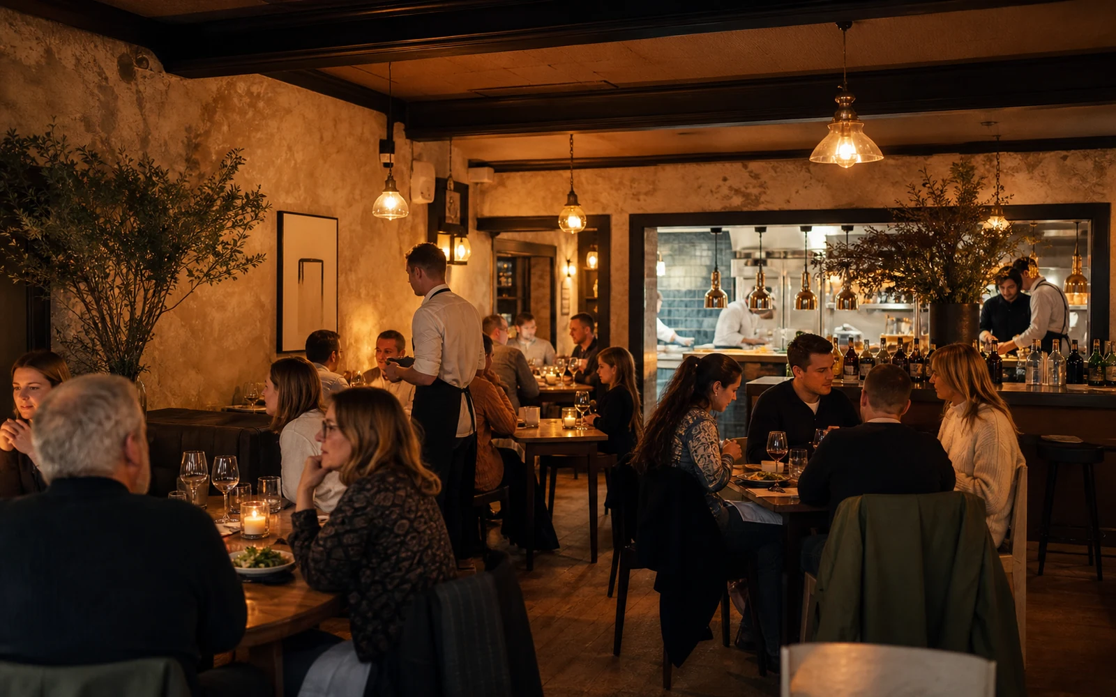 Independent restaurant during evening service with diners and waiting staff